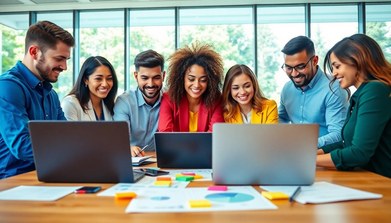 Collaborative team working on a Business project in a bright office environment.