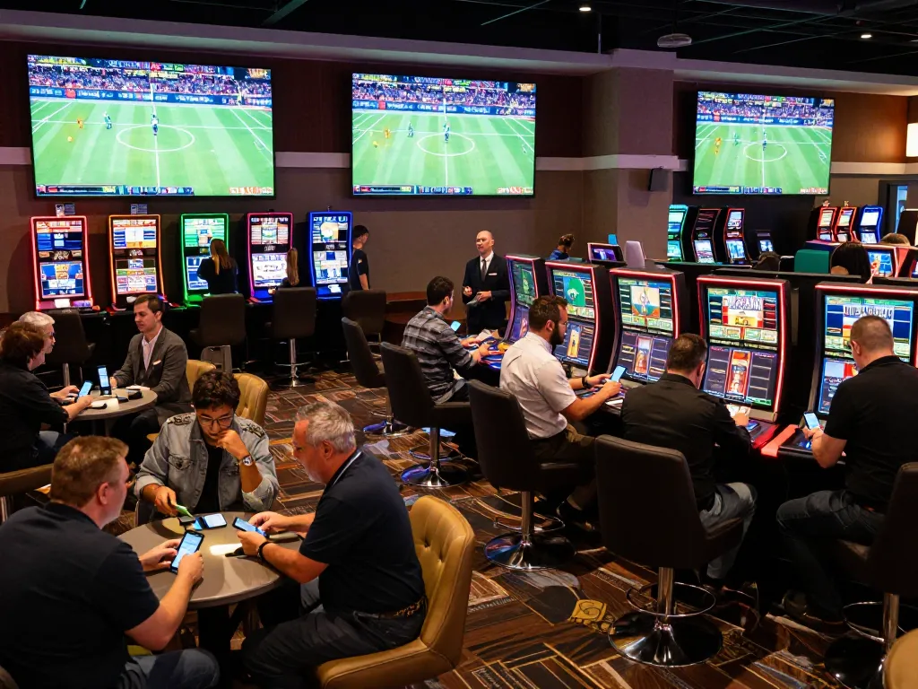W 88 sports betting lounge with active bettors cheering and engaging on mobile devices.