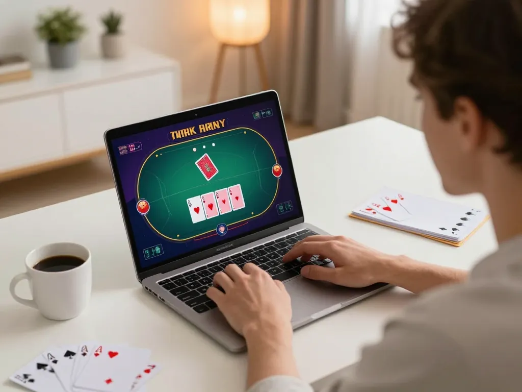Engaging online poker gameplay on https://mm88.blog/ with a player using a laptop and strategy notes.