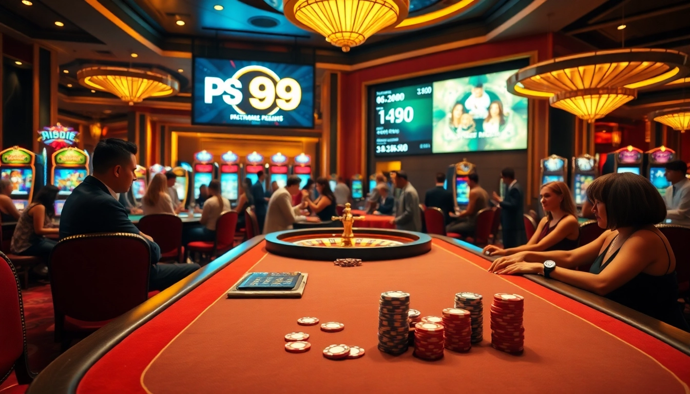 Engaged gamblers strategizing at the PS 99 poker table in a luxurious casino setting.