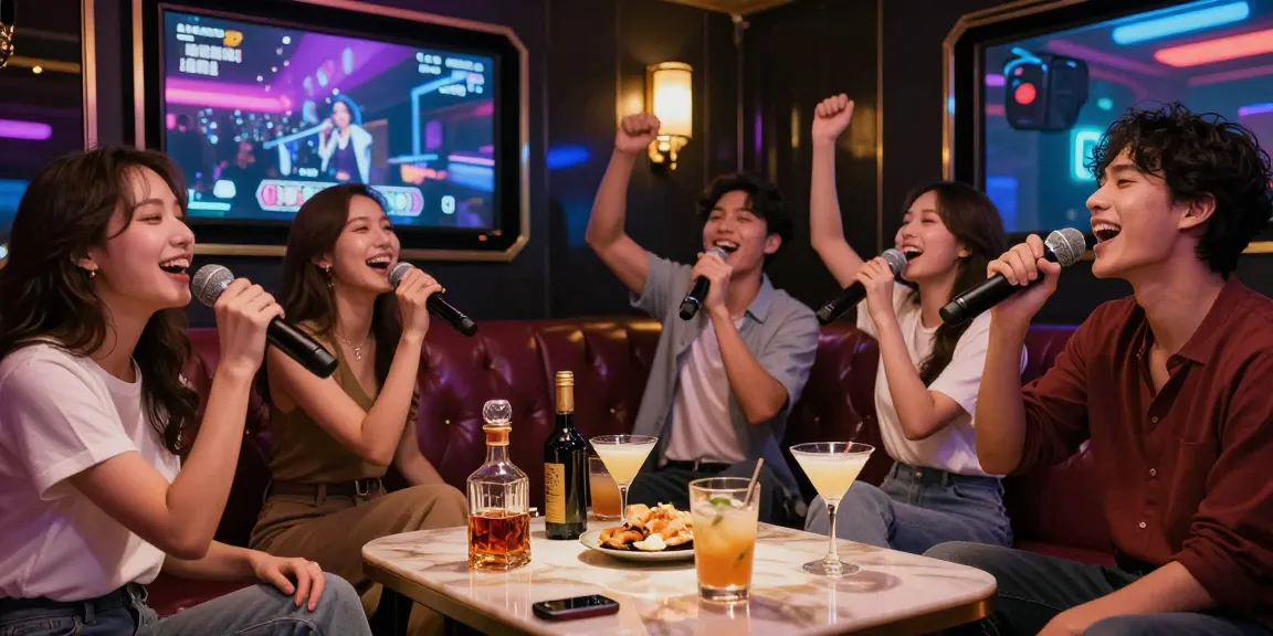 강남가라오케에서 친구들과 함께 즐거운 시간을 보내는 모습, 고급스러운 분위기와 다채로운 조명이 돋보입니다.