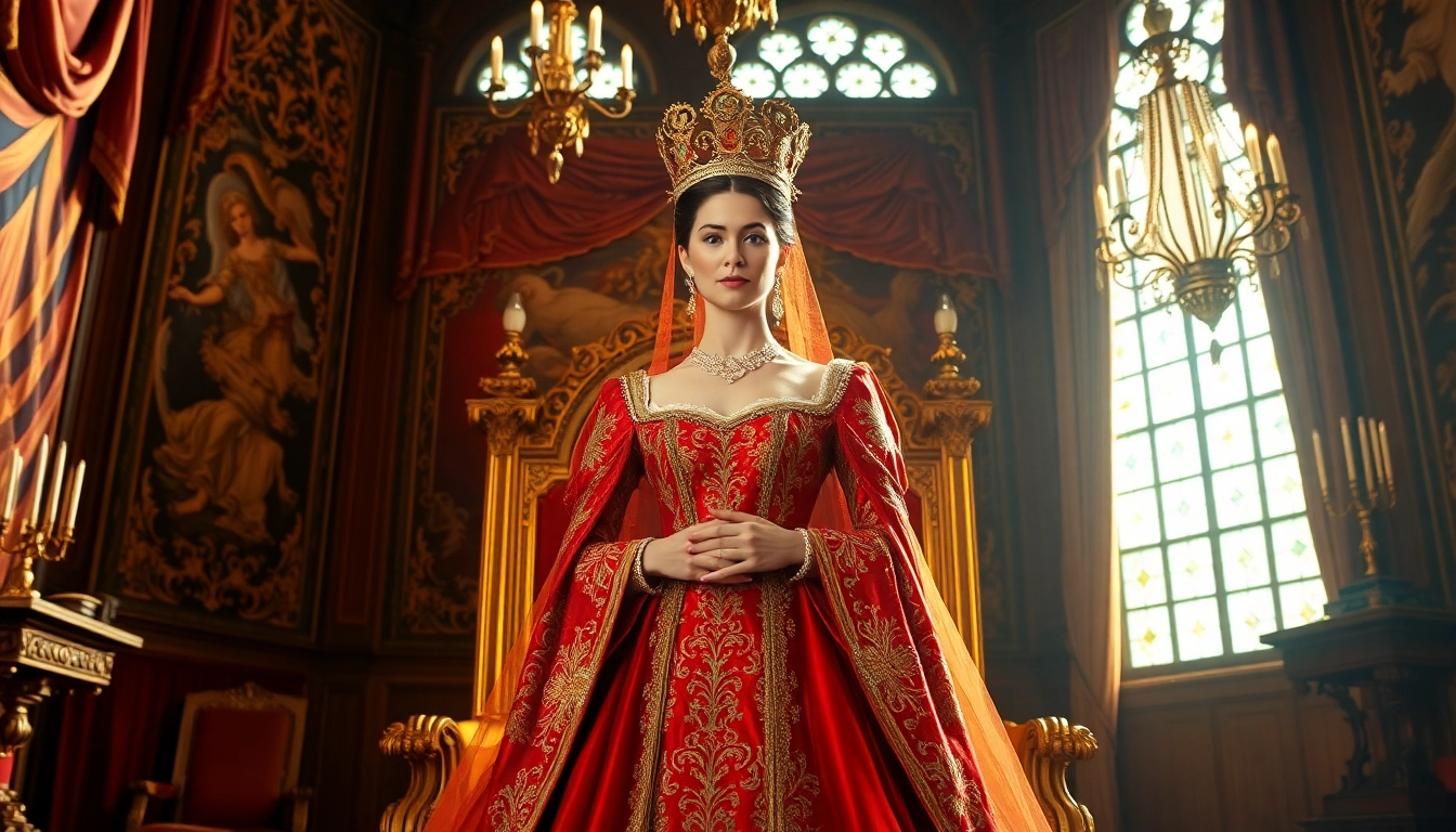 Captivating queen quotes depicted with a regal queen on a golden throne, showcasing elegance and authority.