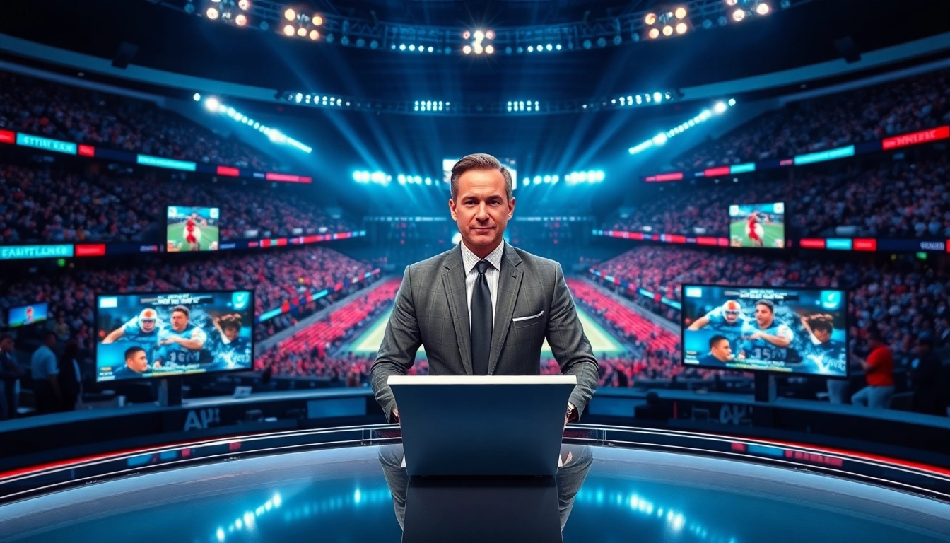Anchor delivering sports broadcasting live from a modern studio with high-tech elements.