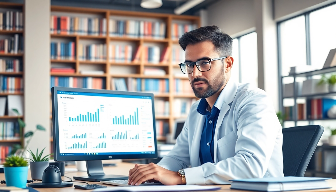 SEO specialist Auckland analyzing marketing data in a modern office environment.