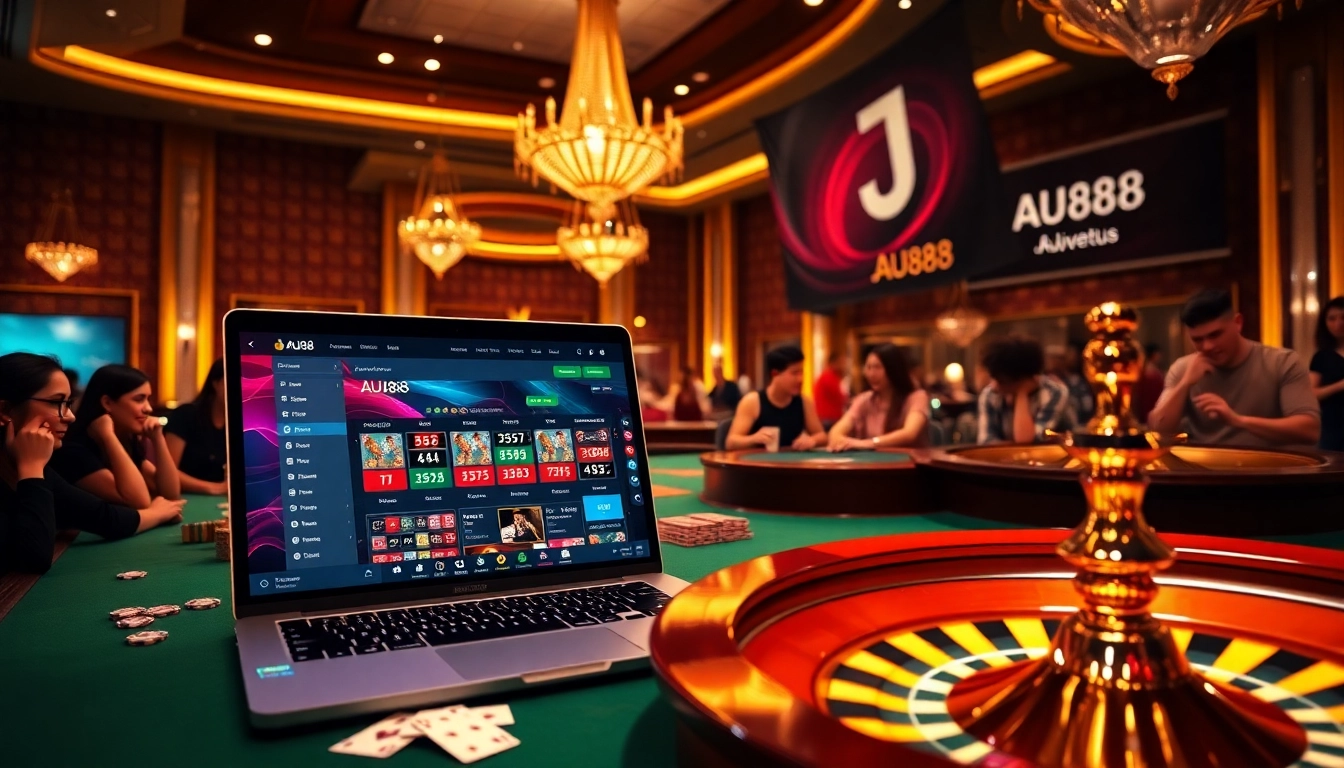 A lively casino table scene showcasing AU88 online gambling with players at poker and roulette.