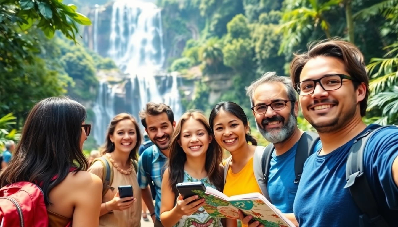 Capture diverse travelers enjoying activities at https://travelvixta.com with a vibrant waterfall backdrop.