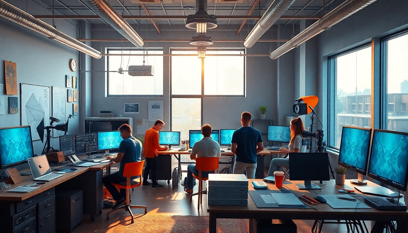 Animation Agency kreative Umgebung mit Künstlern bei der Arbeit und lebhaften Farben.