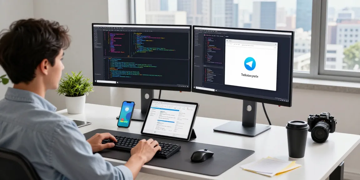 Developer engaged in 纸飞机下载 at modern workspace with code on screens.