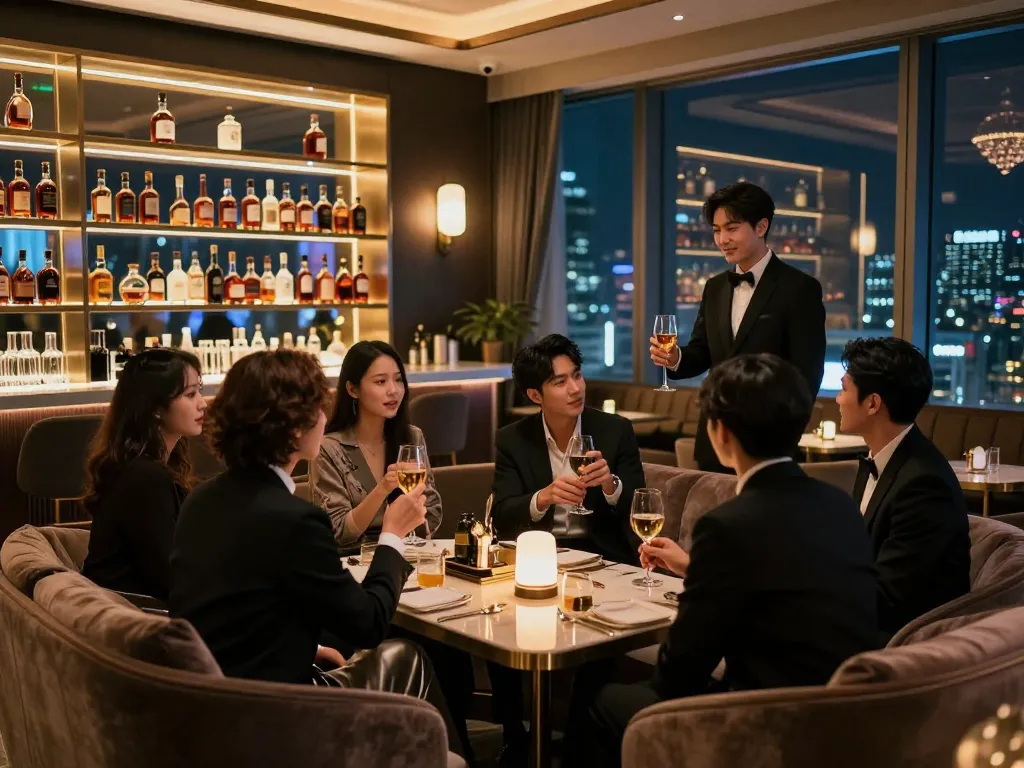 Experience the unique atmosphere of 강남쩜오 nightlife with stylish decor and lively interactions among friends.