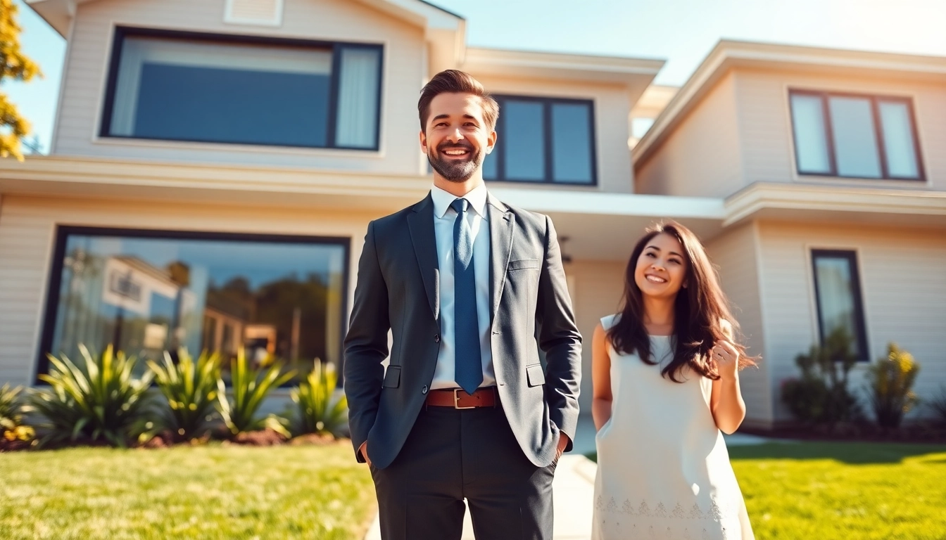 Real Estate agent assisting diverse couple in front of a modern home, showcasing engagement and warmth.