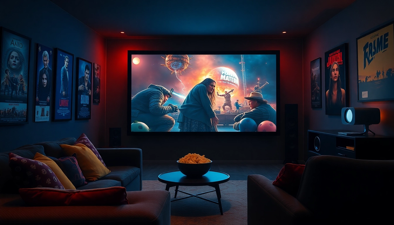 Cozy home theater for watching filmes with ambient lighting and movie posters.