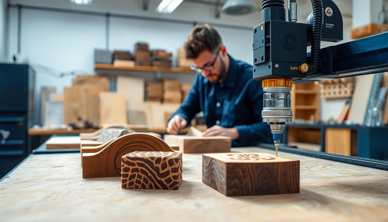 Engraving intricate custom laser design on wood in a professional workshop