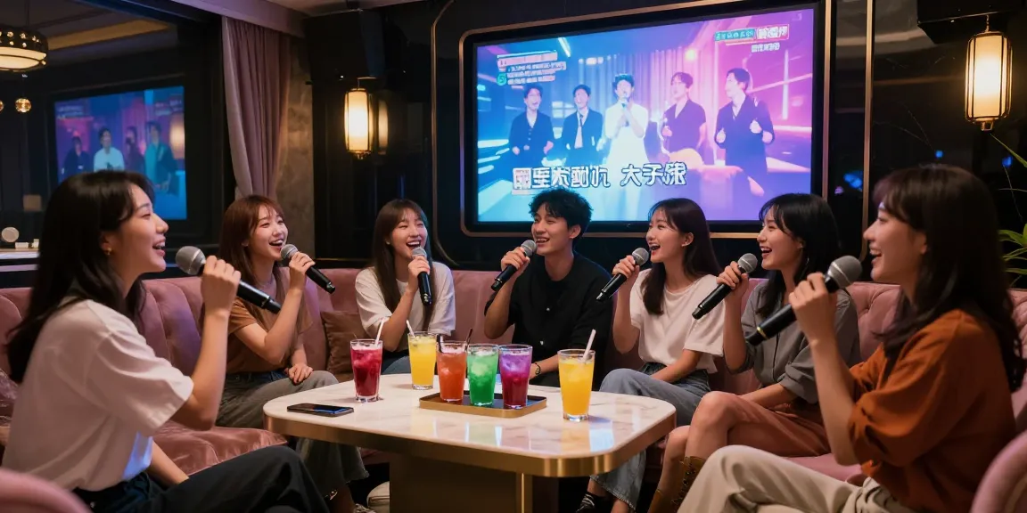 강남구구단에서 고급스러운 노래방을 즐기는 그룹의 모습, 편안한 좌석과 따뜻한 조명으로 아늑한 분위기 연출