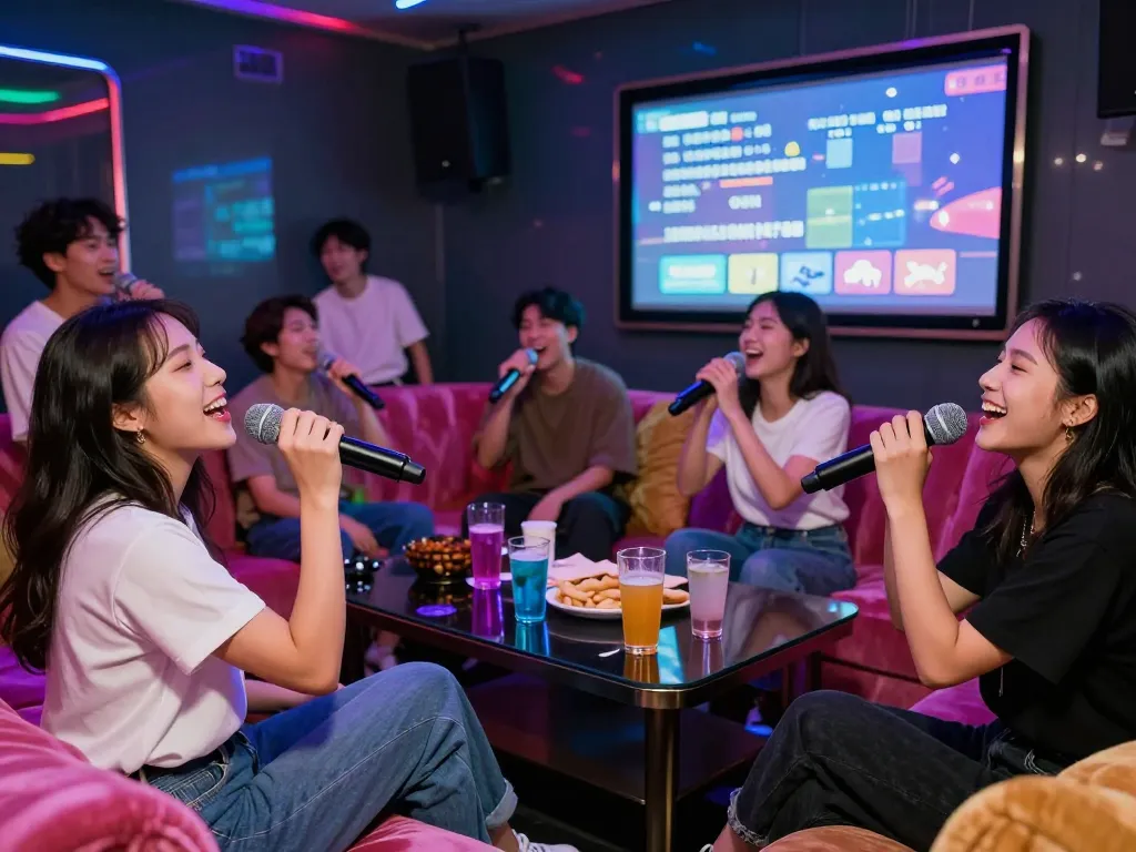 3no.org/bupyeong의 개인실에서 노래방을 즐기는 친구들, LED 조명과 음료가 있는 활기찬 분위기.