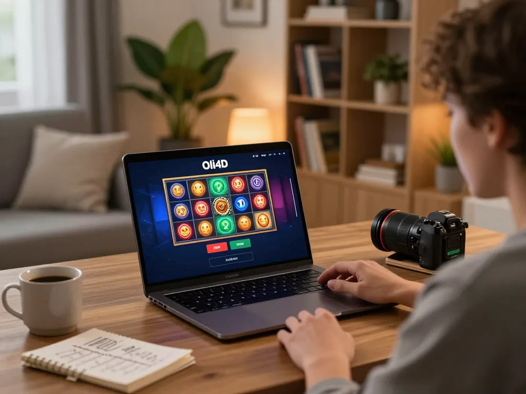 Engaging with the oli4d login on a sleek laptop in a cozy living room, showcasing exciting online gaming.