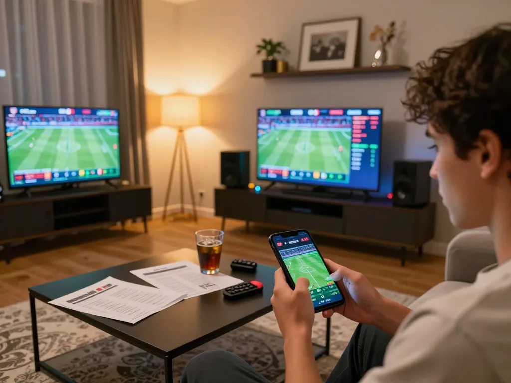KQBD sports betting app shown on smartphone in modern living room set up for responsible online gaming.