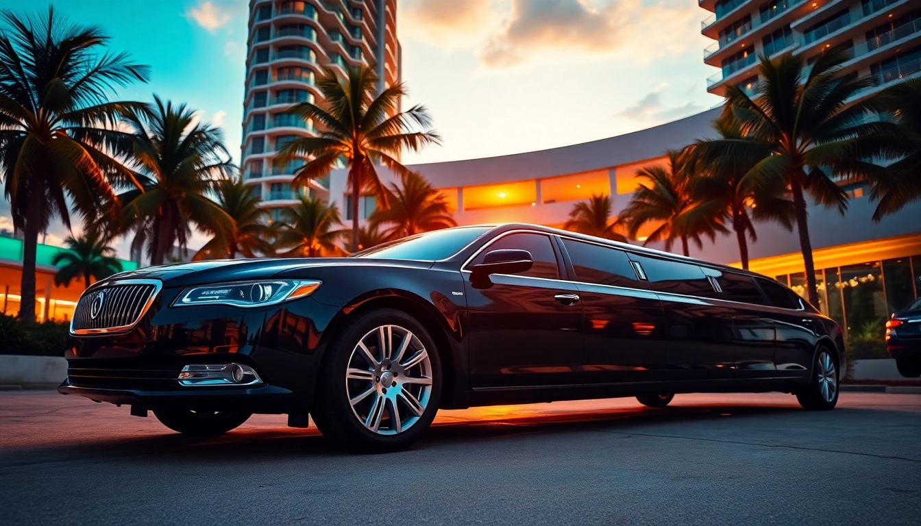 Limo Miami parked in front of a luxury hotel surrounded by palm trees and sunset.