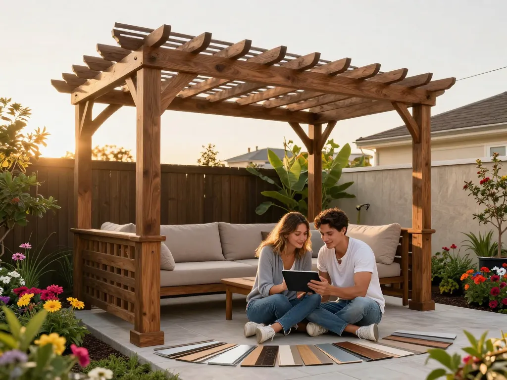 Configura la pergola dei sogni con il configuratore 3D per pergole, mentre una coppia esplora opzioni nel loro spazio esterno.