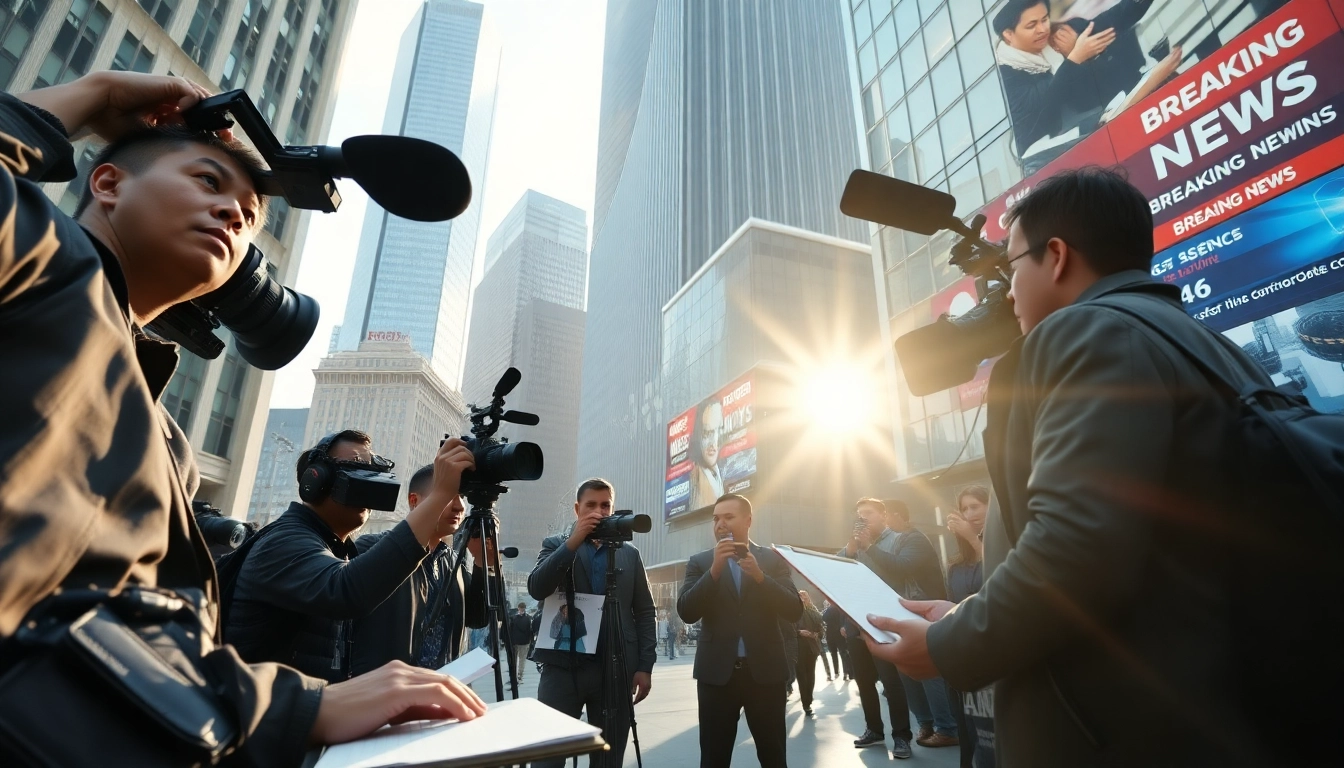 Reporters capturing stories from https://news-parade.com.ua with cameras in an urban setting.