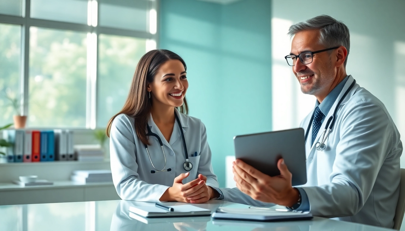 Engaging online doctor consultation flat fee meeting between a doctor and patient in a professional setting.
