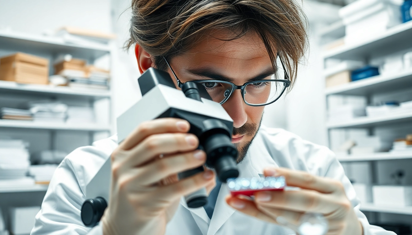 Scientist examining engineered composites in a bright laboratory setting with advanced materials.