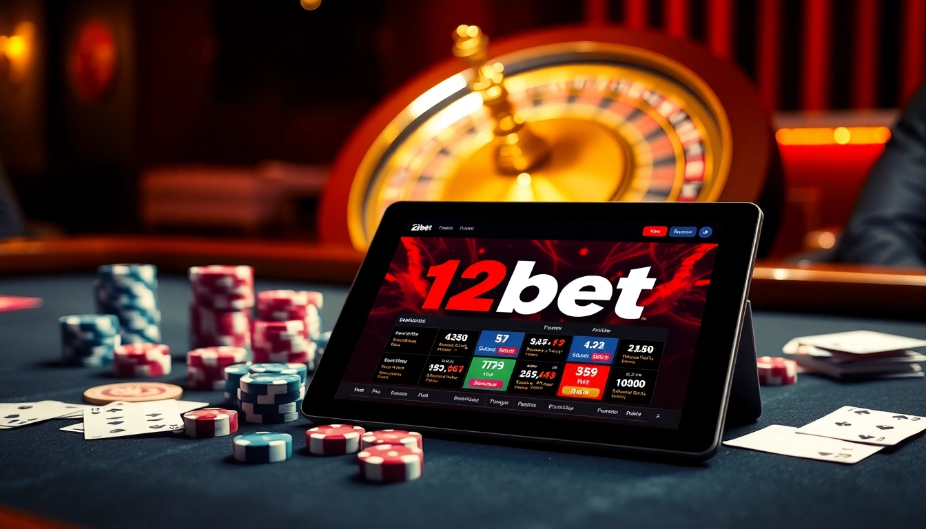 A luxurious gambling scene featuring 12bet interface on a tablet surrounded by poker chips and cards.