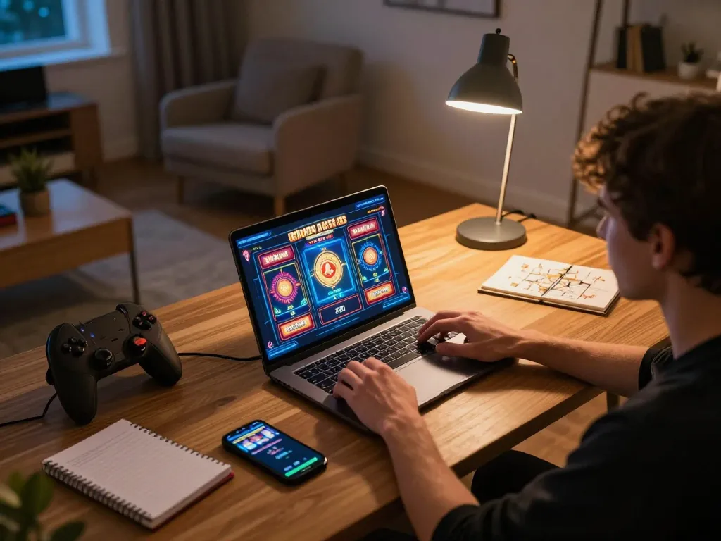 Play slots on king33 in a cozy home setup with a laptop and gaming accessories.