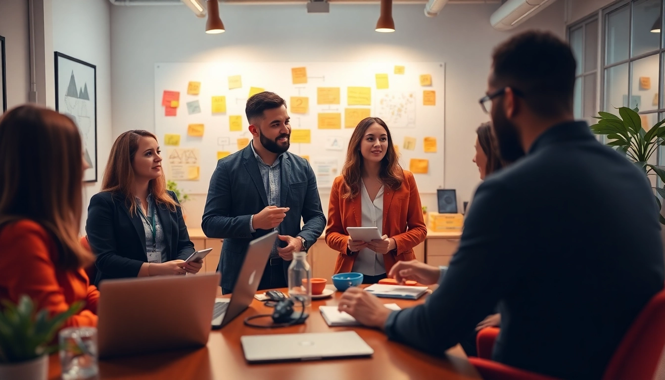 Marketing professionals collaborating at an advertising agency in a vibrant office setup.
