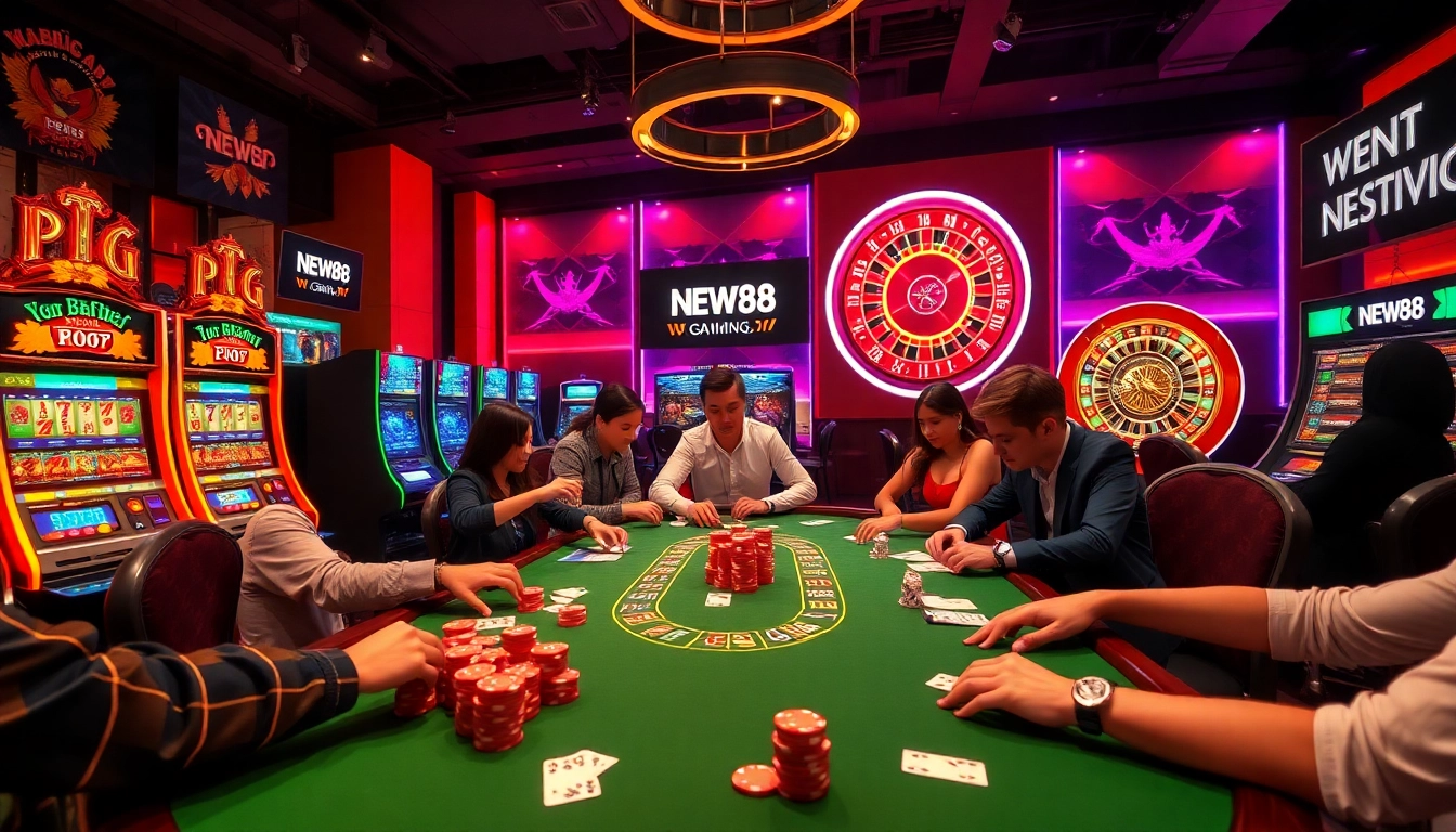 Gamblers enjoying a thrilling game at NEW88 casino table surrounded by vibrant slot machines.