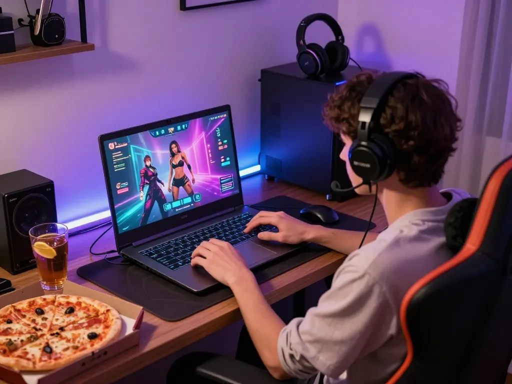 Engaged player in a sex simulator game with colorful graphics and cozy gaming setup.