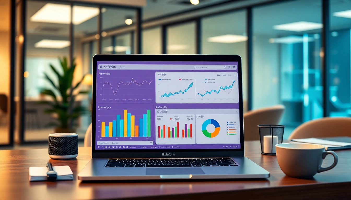 Visualize analytics insights with https://benchbot.ai through a dynamic dashboard in a modern office.