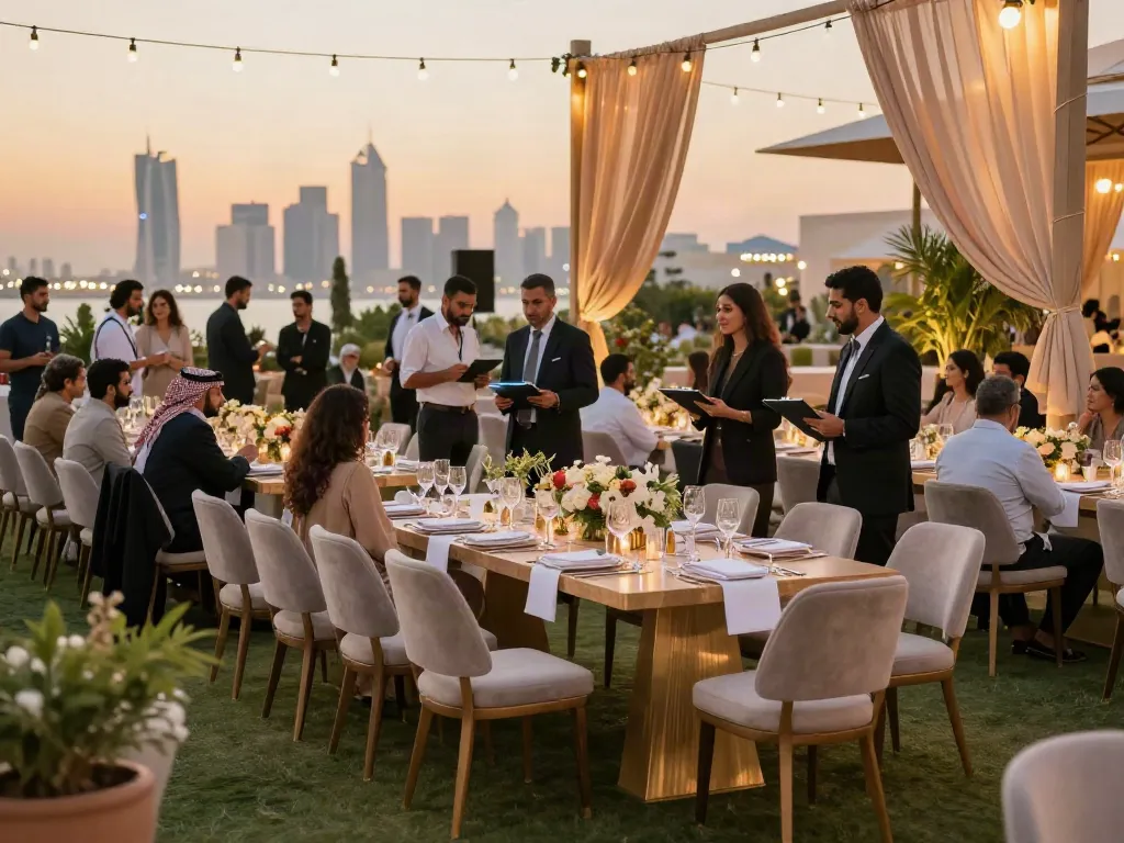 Event furniture rental displayed in a luxurious outdoor setting for a stylish event with guests enjoying the atmosphere.