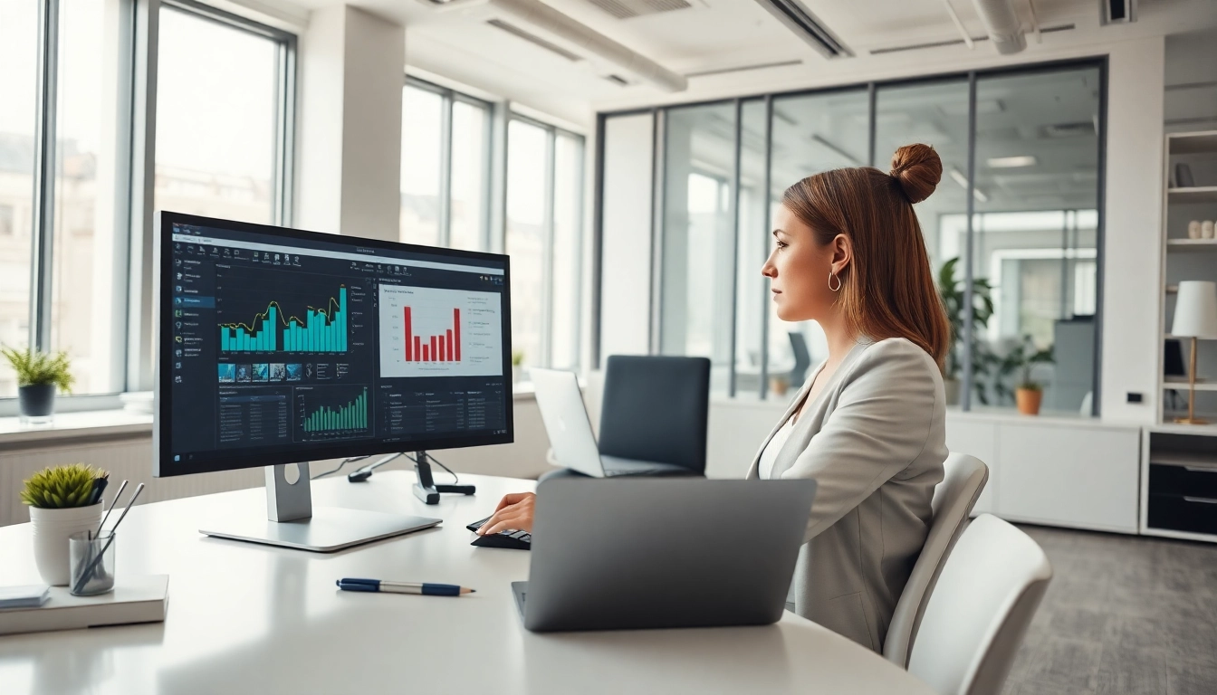 Analyze invoice processing software in a modern office setting with a professional atmosphere.