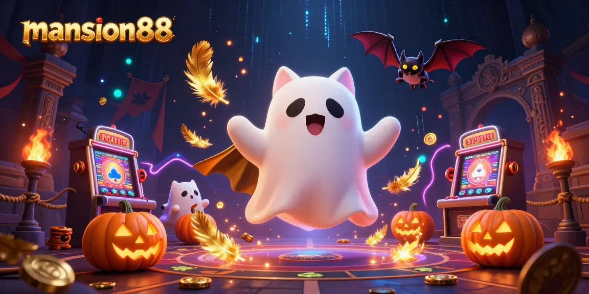 Experience the excitement of mansion88 with a ghost cat and vampire bat in a haunted casino illustration.