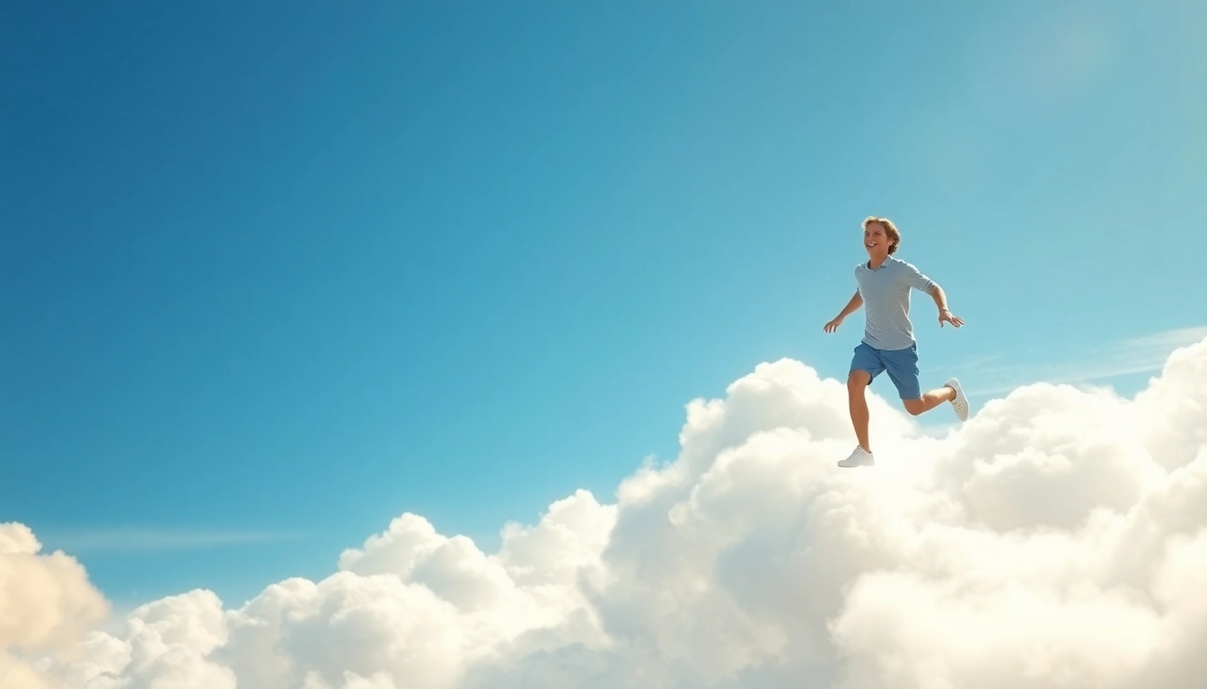 Walking on Clouds, a person joyfully striding through fluffy clouds under a bright blue sky.