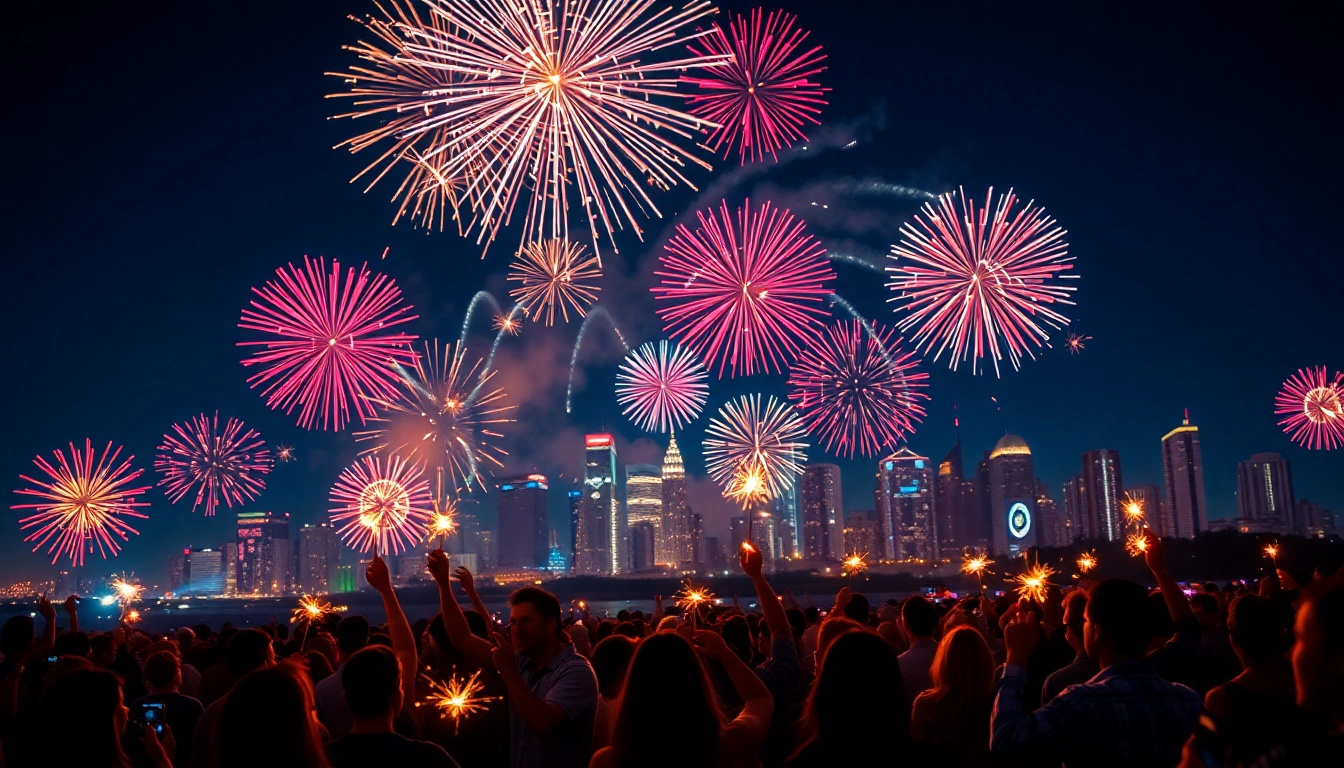 Enjoy fireworks at https://5starfireworks.co.uk with a vibrant city skyline backdrop.