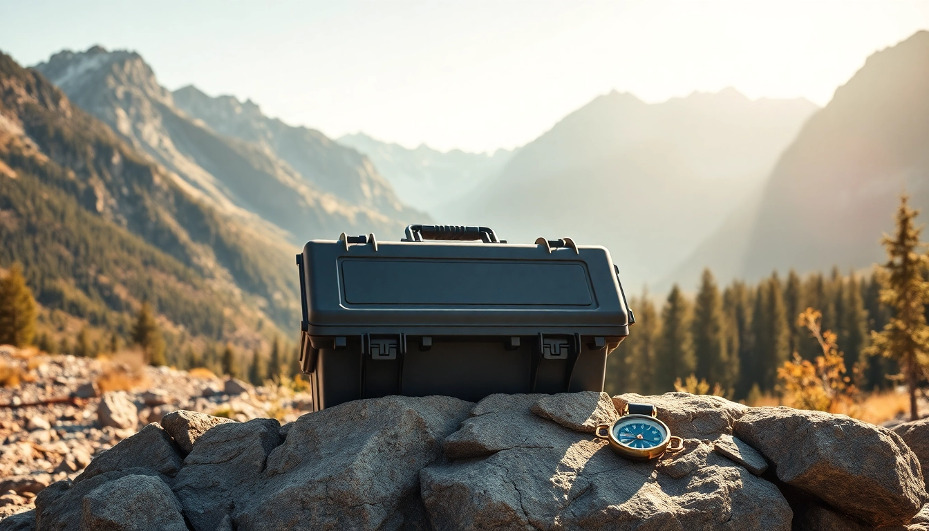 Showcasing a pelican rifle case in a rugged outdoor setting, emphasizing durability and adventure.