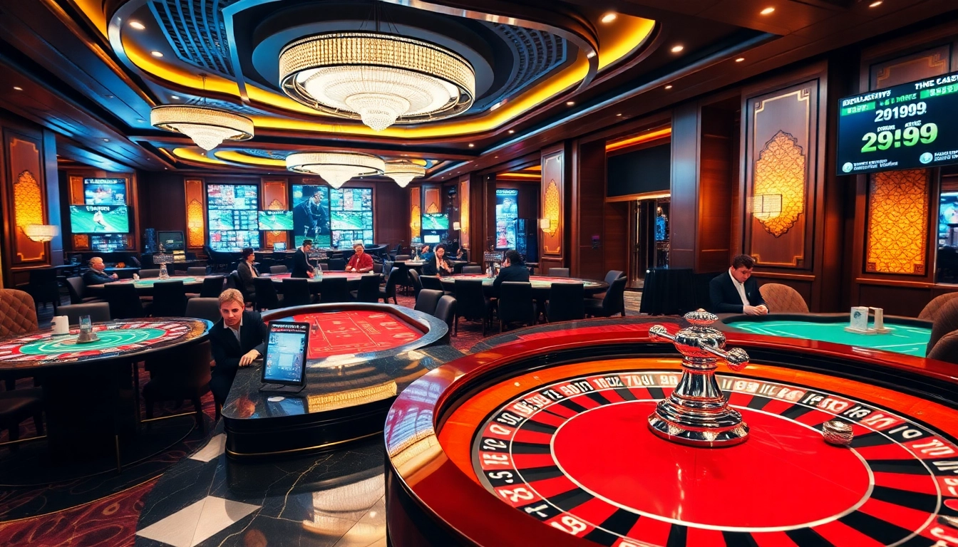 Exciting gambling scene showcasing kèo nhà cái insights at a luxurious casino with roulette and poker tables.
