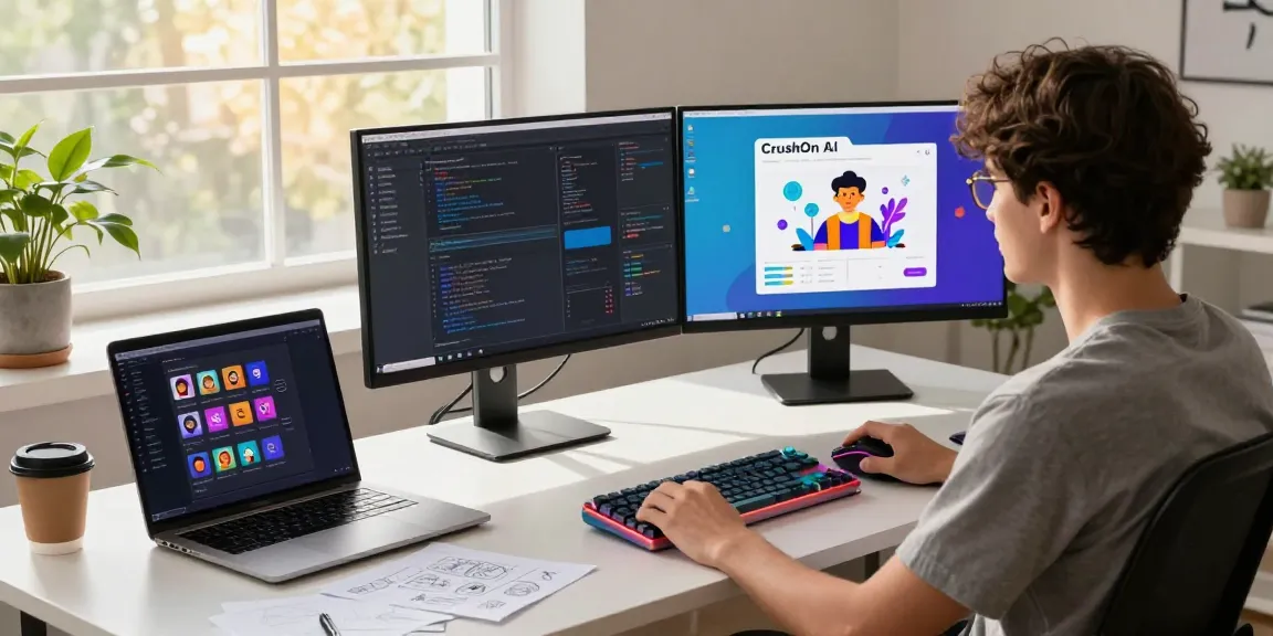 Developer coding using CrushOn IA on dual monitors in a modern workspace.