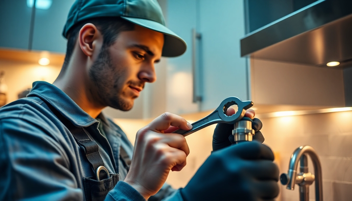 Plumbers bristol fixing a pipe in a stylish kitchen with modern tools.