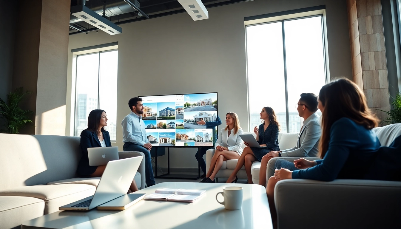 Real Estate agents collaborating in a modern office environment filled with natural light.