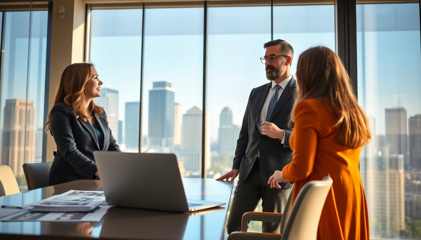 Engaging real estate agent discussing listings with clients in a bright modern office.