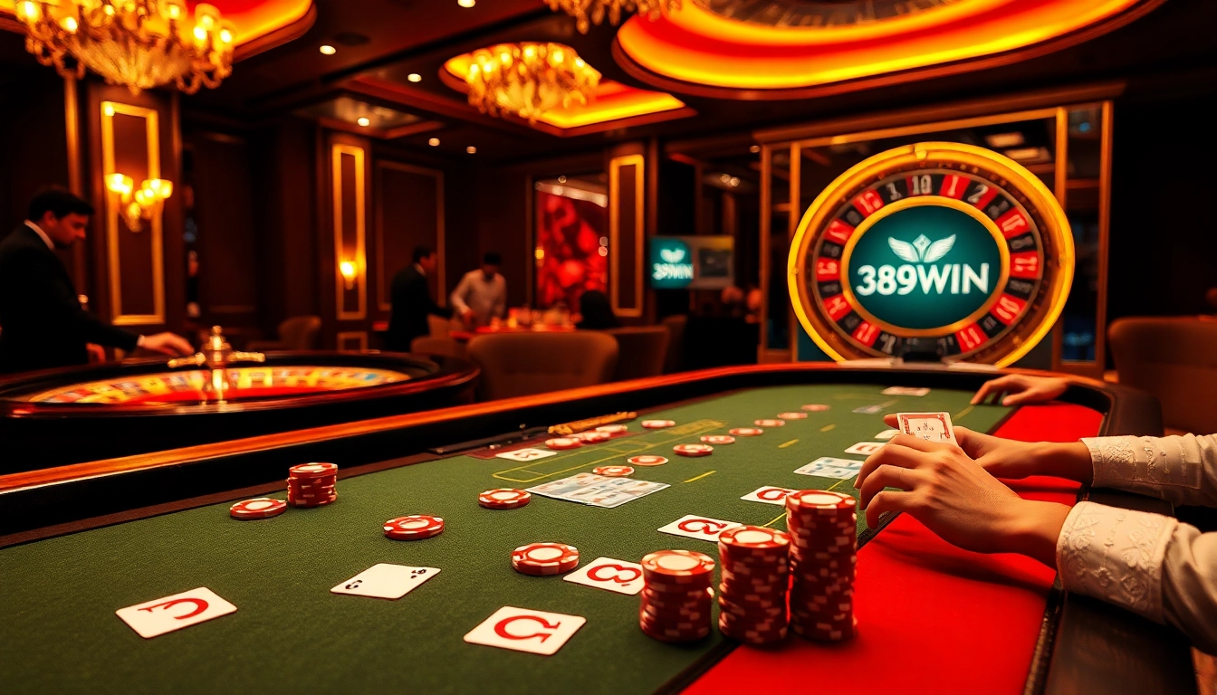 Engaging casino atmosphere at 389WIN, featuring poker chips, cards, and roulette.