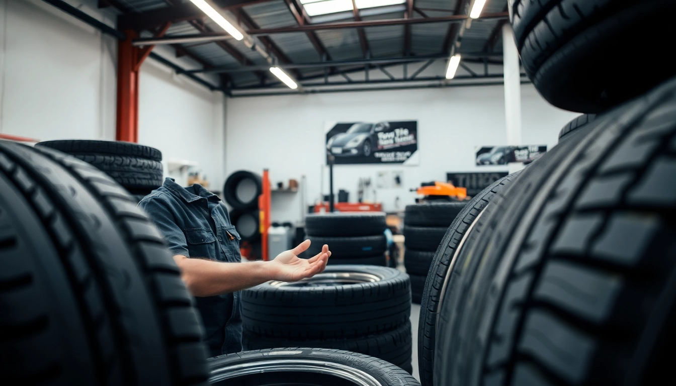 Browse used tires Nashville at a professional workshop with a mechanic inspecting high-quality options.