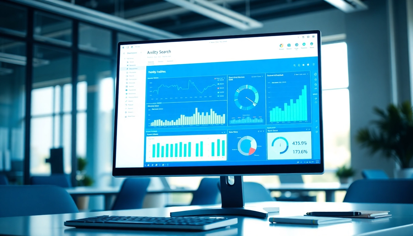 Showcasing enterprise search software interface highlighting data retrieval in a dynamic office setting.