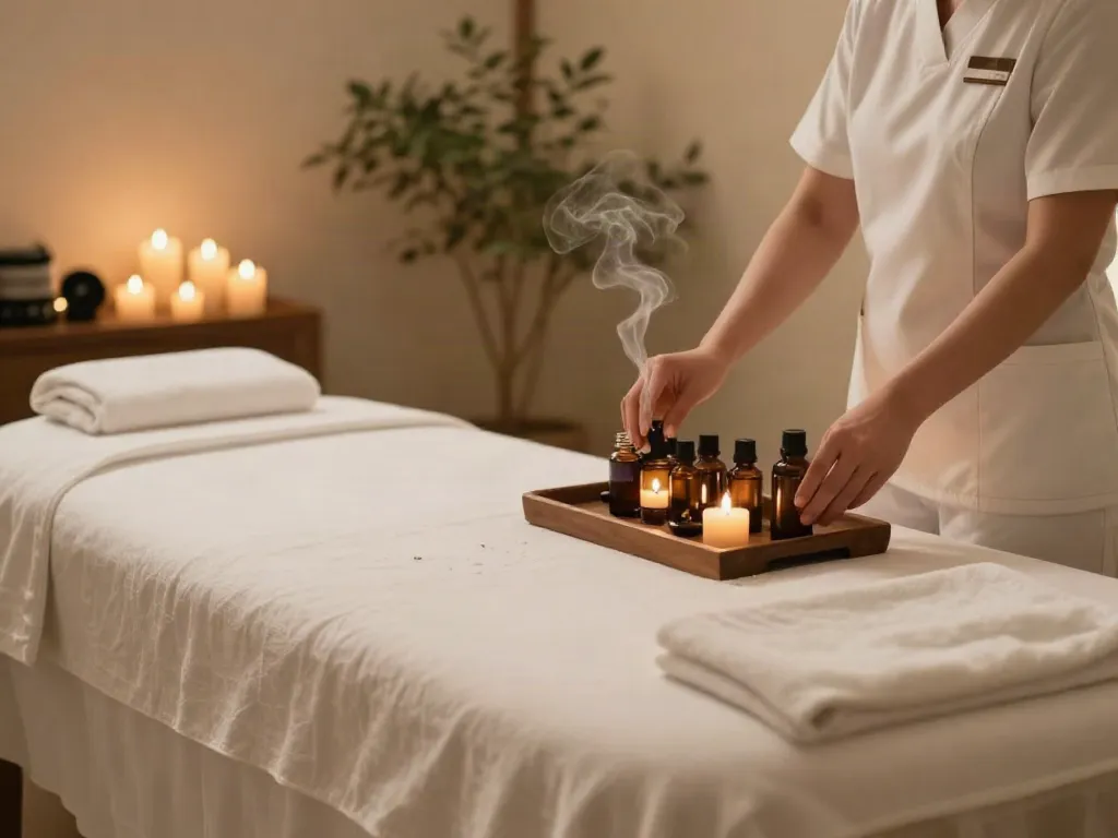 Relaxing 동탄출장마사지 spa scene with soothing candlelight and professional therapist preparing oils.