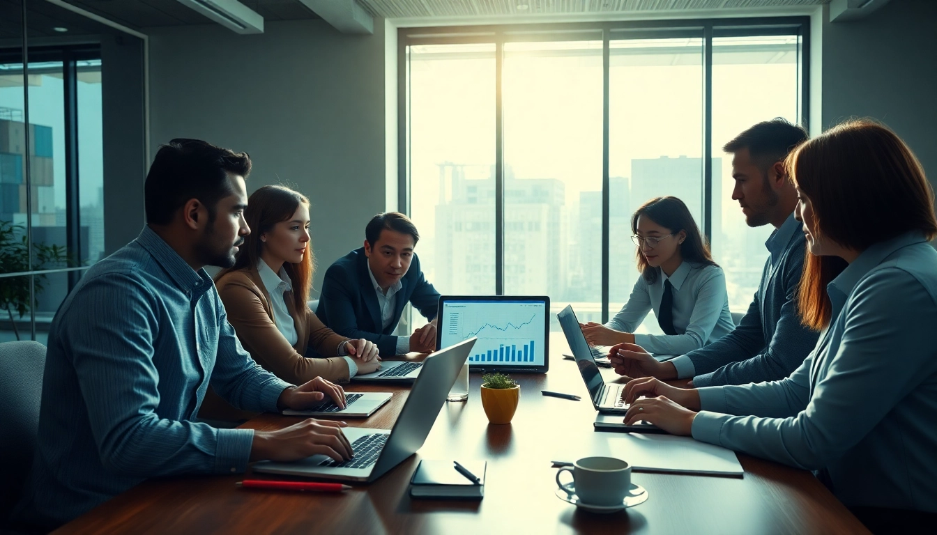Analyze competitor pricing strategies with a diverse team in a modern office.