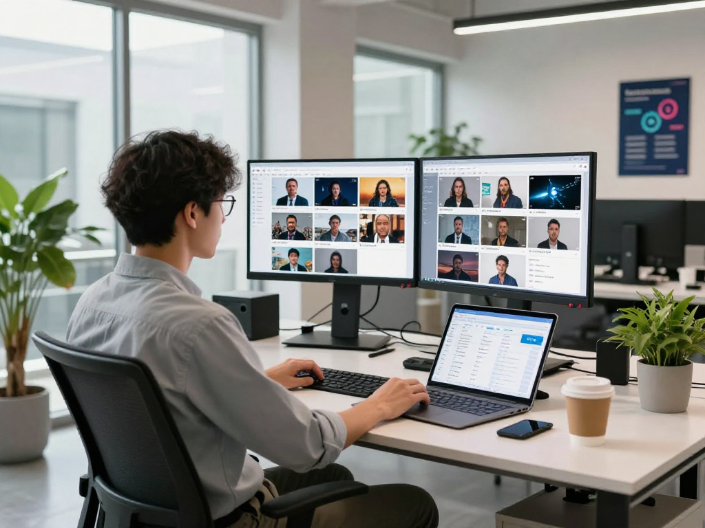 Content analyst using an ai image detector for media moderation in a modern office.