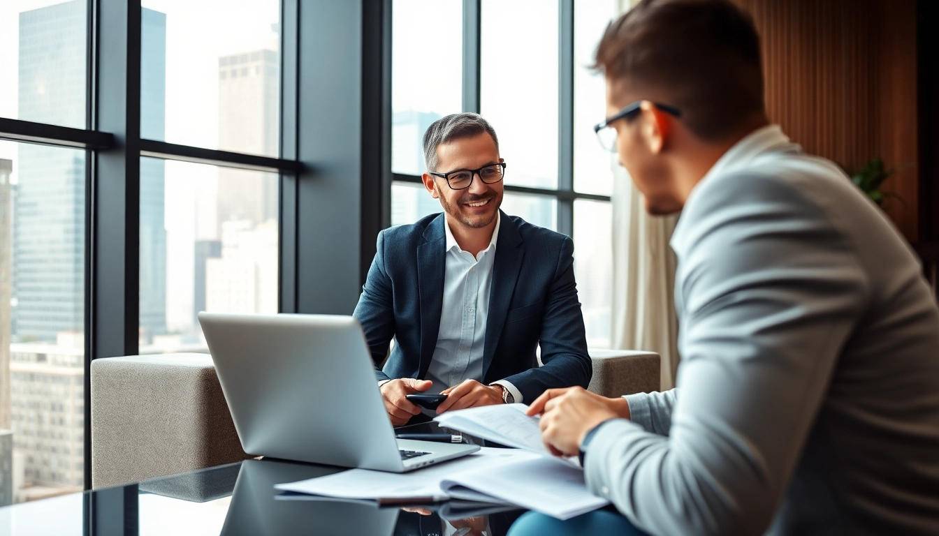 Engaging financial advisor assisting clients with financial strategies in a modern office.