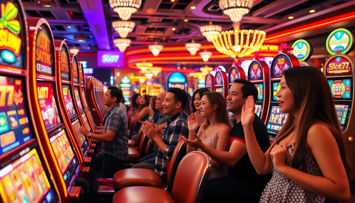 Nikmati permainan Slot77 yang mengasyikkan dengan pemain bersemangat di kasino.